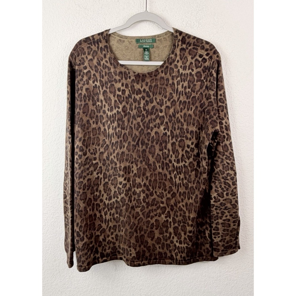 Lauren Ralph Lauren Silk Cashmere Sweater 2X Leopard Print Lightweight Preppy